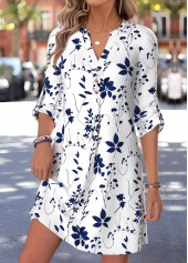 White dresses,Floral dresses,Plants dresses,Everyday dresses,Casual dresses,ROTITA White Floral Print Tummy Coverage Short Split Neck Dress