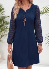 Navy dresses,Plain Color dresses,Everyday dresses,Casual dresses,ROTITA Navy Patchwork Short Split Neck Long Sleeve Dress