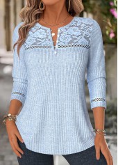 ROTITA Patchwork Blue Split Neck Long Sleeve T Shirt