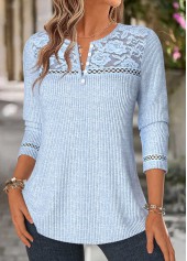 Blue tops,Plain Color tops,ROTITA Patchwork Blue Split Neck Long Sleeve T Shirt