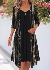 Black dresses,Striped dresses,Geometric dresses,Everyday dresses,Casual dresses,ROTITA Black Wave Pattern Print Patchwork Heart Collar Dress