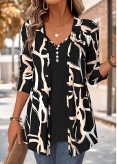 ROTITA Geometric Print Black V Neck Fake Two Piece Twinset