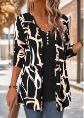 Black tops,Geometric tops,ROTITA Geometric Print Black V Neck Fake Two Piece Twinset