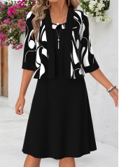 ROTITA Black Geometric Print Tummy Coverage Round Neck Dress
