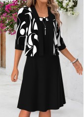 Black dresses,Geometric dresses,Everyday dresses,Casual dresses,ROTITA Black Geometric Print Tummy Coverage Round Neck Dress