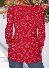 Red tops,Geometric tops,ROTITA Patchwork Geometric Print Red Split Neck T Shirt