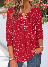 Red tops,Geometric tops,ROTITA Patchwork Geometric Print Red Split Neck T Shirt