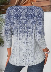 Blue tops,Tribal tops,ROTITA Curved Hem Tribal Print Blue Split Neck T Shirt
