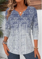 ROTITA Curved Hem Tribal Print Blue Split Neck T Shirt
