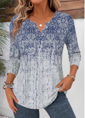 Blue tops,Tribal tops,ROTITA Curved Hem Tribal Print Blue Split Neck T Shirt