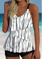 White swimwear,Tie Dye swimwear,ROTITA White Asymmetry Tie Dye Print Mid Waisted Tankini Set