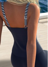 Navy swimwear,Striped swimwear,Geometric swimwear,ROTITA Navy Tummy Coverage Striped Mid Waisted Tankini Set
