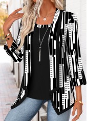 ROTITA Geometric Print Black Square Neck Fake Two Piece Twinset