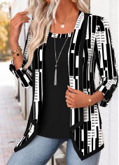 Black tops,Geometric tops,ROTITA Geometric Print Black Square Neck Fake Two Piece Twinset