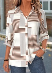 ROTITA Tummy Coverage Geometric Print Light Grey 3/4 Sleeve Shirt