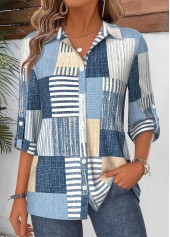 ROTITA Tummy Coverage Geometric Print Denim Blue 3/4 Sleeve Shirt