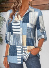 Denim Blue tops,Geometric tops,ROTITA Tummy Coverage Geometric Print Denim Blue 3/4 Sleeve Shirt