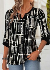 Black tops,Geometric tops,ROTITA Curved Hem Geometric Print Black Split Neck Blouse