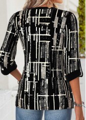 Black tops,Geometric tops,ROTITA Curved Hem Geometric Print Black Split Neck Blouse