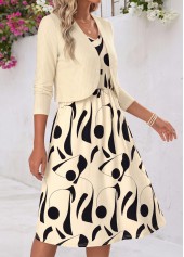 Beige dresses,Geometric dresses,Everyday dresses,Casual dresses,ROTITA Beige Geometric Print Tummy Coverage Dress and Cardigan