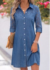 Rotita Denim-Kleid blau Patchwork Kurzarm Hemdkragen Langarm
