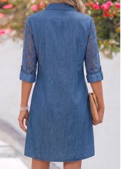 Denim Blue dresses,Plain Color dresses,Everyday dresses,Casual dresses,ROTITA Denim Blue Patchwork Short Shirt Collar Long Sleeve Dress