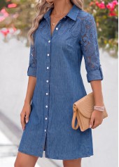 Denim Blue dresses,Plain Color dresses,Everyday dresses,Casual dresses,ROTITA Denim Blue Patchwork Short Shirt Collar Long Sleeve Dress