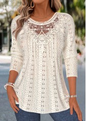 ROTITA Patchwork Beige Round Neck Long Sleeve T Shirt