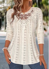 Beige tops,Plain Color tops,ROTITA Patchwork Beige Round Neck Long Sleeve T Shirt