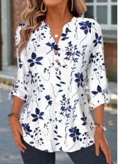 Rotita Hemd mit geschwungenem Saum Blumenmuster blau mit V-Ausschnitt