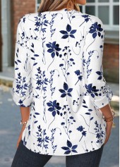 Blue tops,Floral tops,Plants tops,ROTITA Curved Hem Floral Print Blue Split Neck Shirt