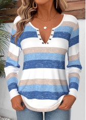 ROTITA Tummy Coverage Striped Blue Split Neck T Shirt