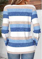 Blue tops,Striped tops,Geometric tops,ROTITA Tummy Coverage Striped Blue Split Neck T Shirt