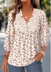 ROTITA Shirred Ditsy Floral Print Beige V Neck Blouse