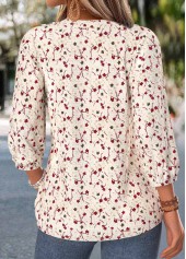 Beige tops,Ditsy Floral tops,ROTITA Shirred Ditsy Floral Print Beige V Neck Blouse