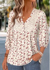 Beige tops,Ditsy Floral tops,ROTITA Shirred Ditsy Floral Print Beige V Neck Blouse