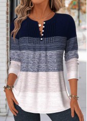 ROTITA Tuck Stitch Striped Navy Split Neck T Shirt