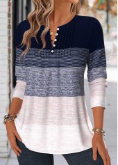 Navy tops,Striped tops,Geometric tops,ROTITA Tuck Stitch Striped Navy Split Neck T Shirt
