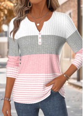 ROTITA Curved Hem Striped Pink Split Neck T Shirt
