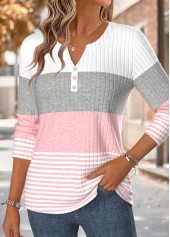 Pink tops,Striped tops,Geometric tops,ROTITA Curved Hem Striped Pink Split Neck T Shirt