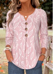 ROTITA Pleated Leaf Print Pink Split Neck Long Sleeve Blouse