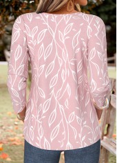 Pink tops,Plants tops,ROTITA Pleated Leaf Print Pink Split Neck Long Sleeve Blouse