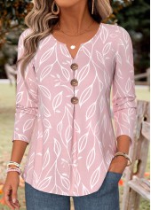 Pink tops,Plants tops,ROTITA Pleated Leaf Print Pink Split Neck Long Sleeve Blouse