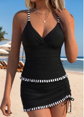 ROTITA Black Mid Waisted Striped V-Neck Tankini Set
