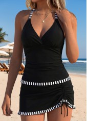 Black swimwear,Striped swimwear,Geometric swimwear,ROTITA Black Mid Waisted Striped V-Neck Tankini Set