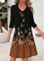 ROTITA Black Leaf Print Two-piece V Neck Dress and Cardigan