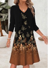 Black dresses,Plants dresses,Everyday dresses,Casual dresses,ROTITA Black Leaf Print Two-piece V Neck Dress and Cardigan