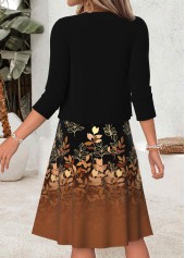 Black dresses,Plants dresses,Everyday dresses,Casual dresses,ROTITA Black Leaf Print Two-piece V Neck Dress and Cardigan