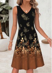 Black dresses,Plants dresses,Everyday dresses,Casual dresses,ROTITA Black Leaf Print Two-piece V Neck Dress and Cardigan
