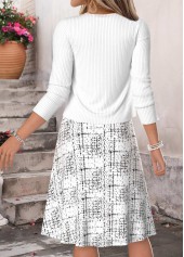 White dresses,Geometric dresses,Everyday dresses,Casual dresses,ROTITA White Geometric Print Two-piece Round Neck Dress and Cardigan